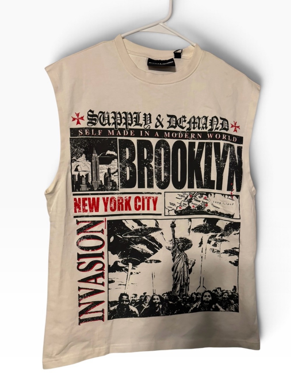 Brooklyn Graphic Muscle Tank - Cream with Black & Red Print